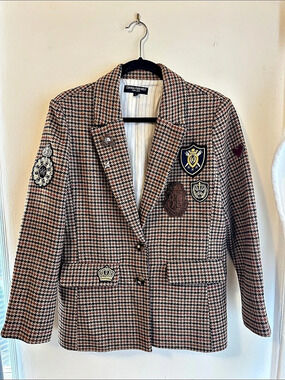 Central Park West Houndstooth Embellished Blazer Brown & Black Medium